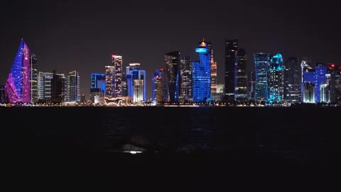 View of the illuminated Doha skyline at night, Qatar. Stock Footage 339914912