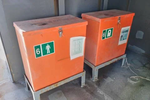 View of Immersion suit box located on the main deck of bulk carrier Stock-Fotos