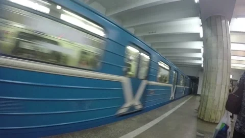 View of the incoming train, train, in the underground metro Stock Footage 129738413