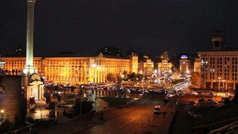 View of Independence Square in Kyiv at night. Lights of night city Video stock 97046733