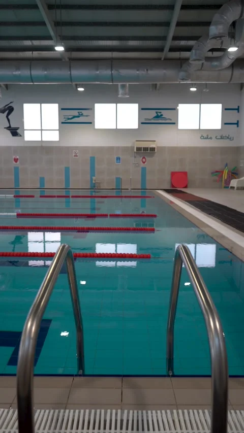 View of indoor swimming pool in Doha, Qatar. Stock Footage 339914723