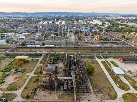 View of an industrial area with various structures, machinery, and equipment  Stock Photos