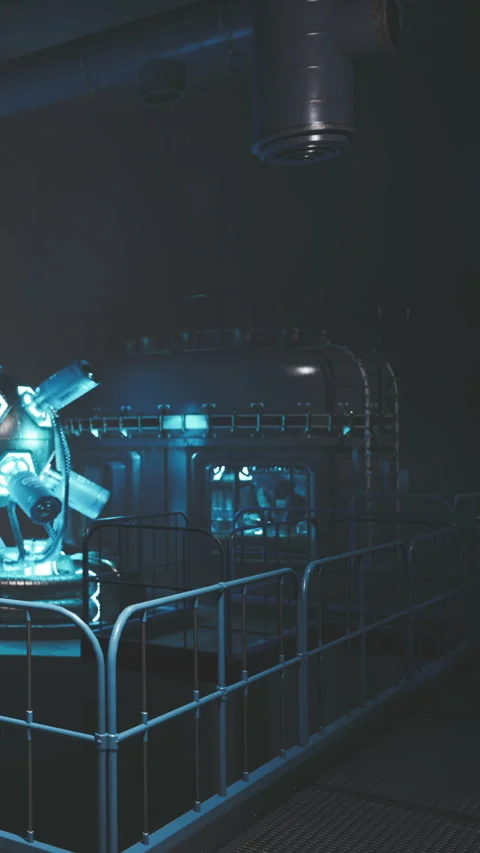 View of industrial machinery in dark setting with blue light effects Stock Footage 339043858