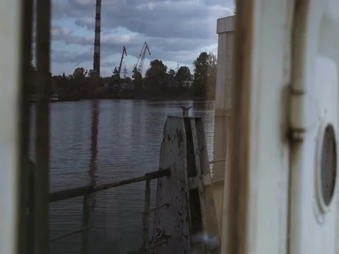 View of the industrial zone from side, old ship Stock Footage 71865029