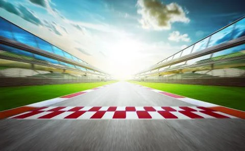 View of the infinity empty asphalt international race track with starting or  Stock Photos
