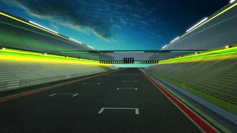 View of the infinity empty asphalt international race track with car line, ni Stock Photos