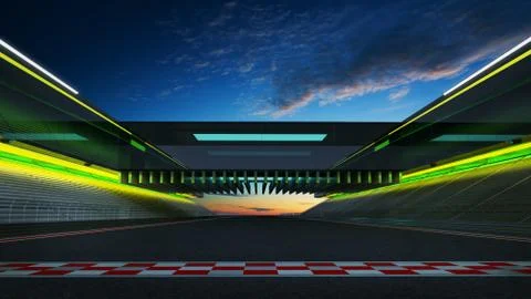 View of the infinity empty asphalt international race track with start and fi Stock Photos