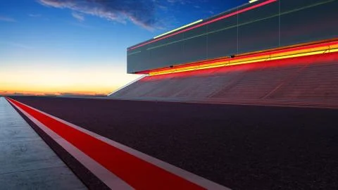 View of the infinity empty asphalt international race track with red and whit Stock Photos
