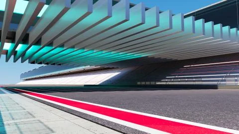 View of the infinity empty asphalt international race track with modern iron  Stock Photos