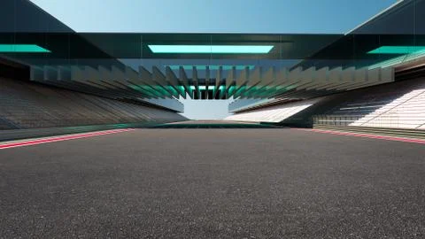 View of the infinity empty asphalt international race track with modern glass Stock Photos