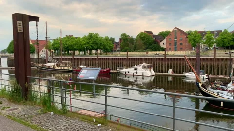 View of inliners at the harbor in bremen vegesack Stock Footage 132820832
