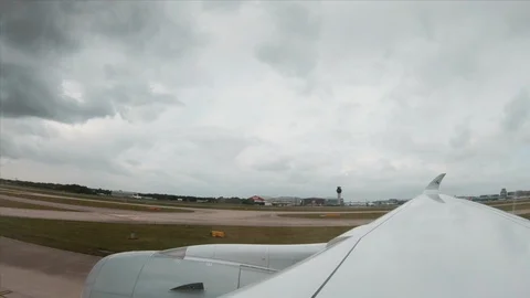 View from inside an Airbus A350-900 taking off from Manchester Airport Stock Footage 118960283