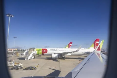 View from inside airplane window to TAP - Air Portugal, in the Lisbon Airport Stock Photos