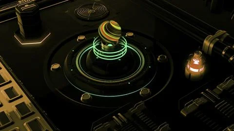 View inside of an alien space ship control panel details, dark abstract interior Illustrazione stock