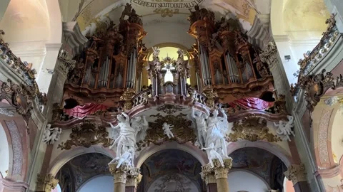 View of inside baroque church, pipe organ instrument Stock Footage 263484039