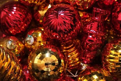 View inside a box full of Christmas balls Stockfoto's