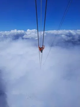 View from inside the cabin on the cable car when climbing Mount Zugspitze in Stock Photos