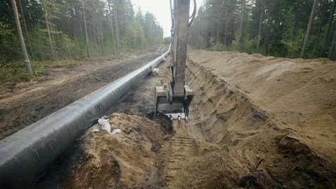 View from inside cabin excavator digging soil for pipe installation in forest Stock Footage 85073128