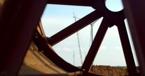 View from inside of the cable spool on the wind turbine in the field, 4k Stock Footage 158687801