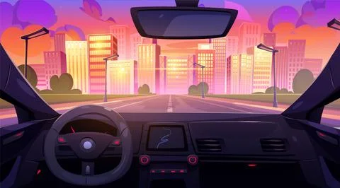 View from inside of car on city during sunset Stock Illustration