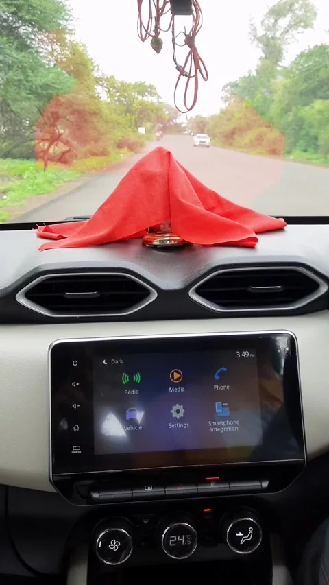 View from Inside Car Driving Along Rural Road with Dashboard and Windshield Stockbeeldmateriaal 341324260