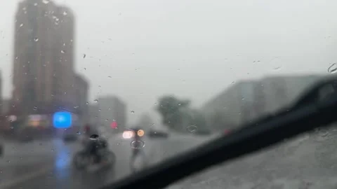 View from inside car driving through heavy rain Stock-Footage 346164588