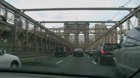 View inside a car as it crosses the Brooklyn Bridge Stock Footage 331757