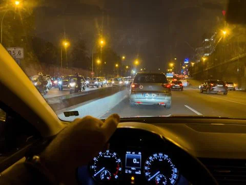 View from inside the car at the large traffic jam in Paris on the peripherique Foto stock
