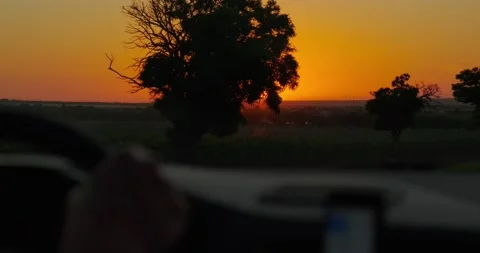 View from inside the car in motion on the road and sunset Stock Footage 226982694