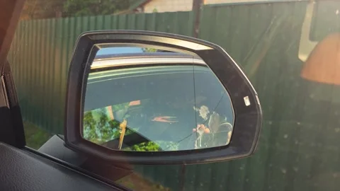 View from inside car showing side mirror reflection of rural road, green Stock Footage 341657880