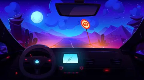 View from inside car through windshield on road Stock Illustration