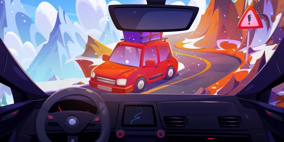 View from inside car on winding mountain road 스톡 일러스트