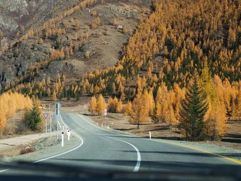View from inside car window to the road and autumn mou Photos