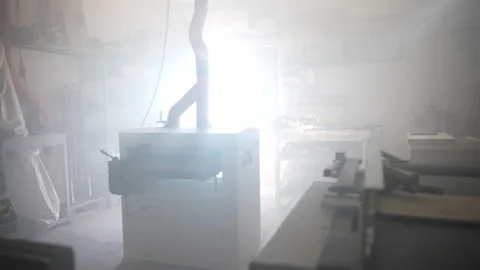 View from inside of carpentry workshop with different tools and equipments for Stock-Footage 221980093