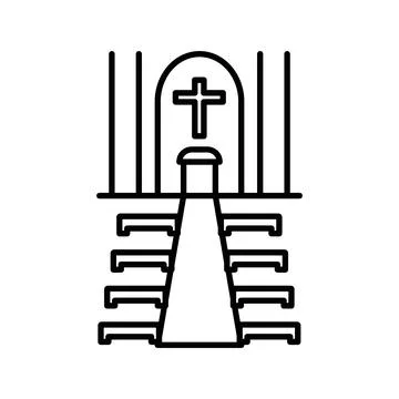 View inside catholic church linear logo mark in black and white Stock Illustration