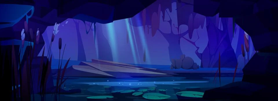 View from inside cave on night forest with swamp Illustrazione stock