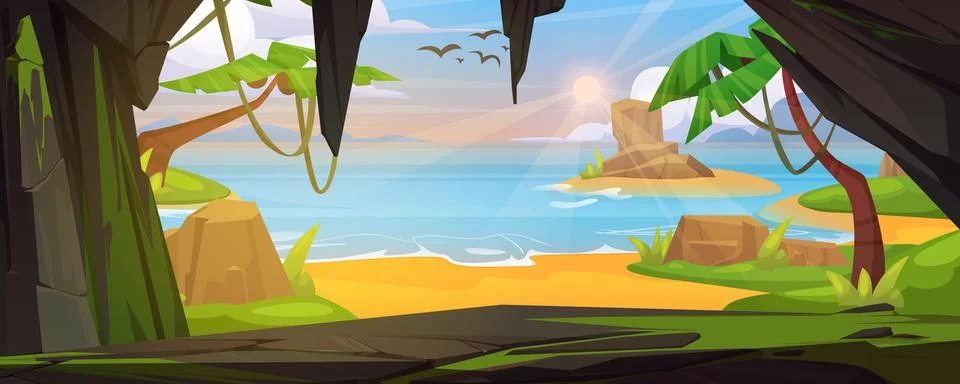 View from inside of cave on sea, ocean sand beach Illustrazione stock