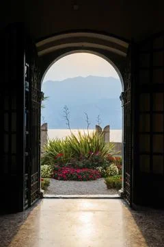 View from the inside of a city villa, light, sun, sunbeam, backlight, dramatic, Stock Photos