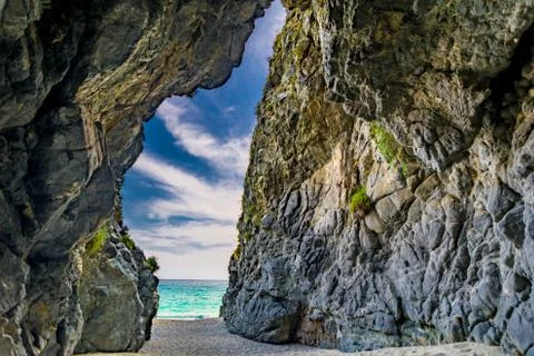 View from the inside of a coastal cave Stock Photos
