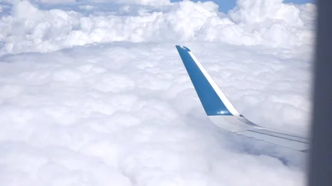 View from inside a commercial aircraft, from the window you can see the wing of Stock Footage 314119147