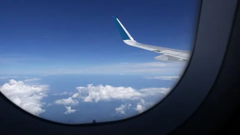 View from inside a commercial aircraft, from the window you can see the wing of Stock Footage 314119173