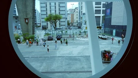 View from inside of a cruise ship cabin through a round circular window Stock Footage 259325501