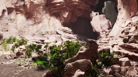 View from inside a dark cave with green plants and light on the exit Illustrazione stock