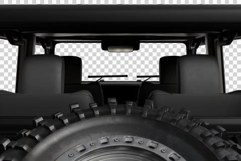 View from inside a dark SUV, showing black rear seats, overhead roll bars Stock Illustration