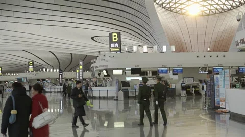 View inside Daxing airport terminal at check in counter area in domestic te.. Видео 335582277