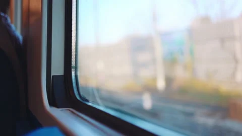 View from inside of driving fast speed train, blurred railway and exterior view Stock Footage 233246795