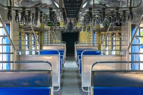 View inside the empty coach of local passenger train, general class Stock Photos