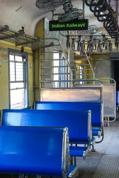 View inside the empty coach of local passenger train, general class Stock Photos