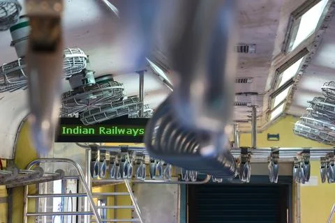 View inside the empty coach of local passenger train, general class Stock Photos