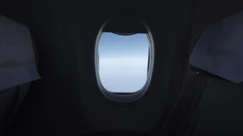 View from inside flying aircraft plane with seated in economy class and pla.. 库存影片 338331236